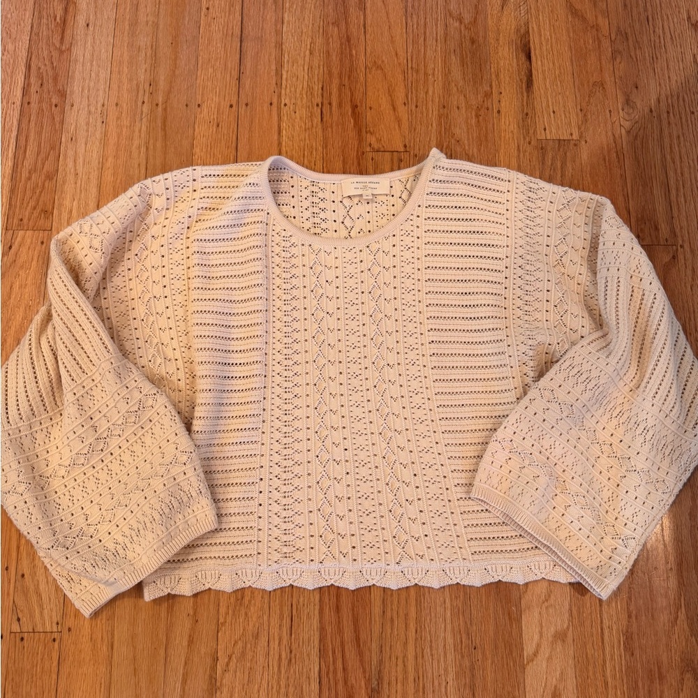 Sezane Cream Pointelle Knit Cropped Sweater